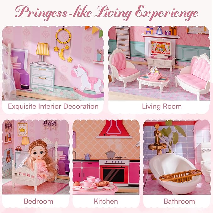 ROBOTIME Wooden Dollhouse, Doll Houses Playset with 24 Pcs Furniture for 4, 5, 6-Inch Dolls, Dollhouse Gift for 3+ Year Old Girls (Pink)