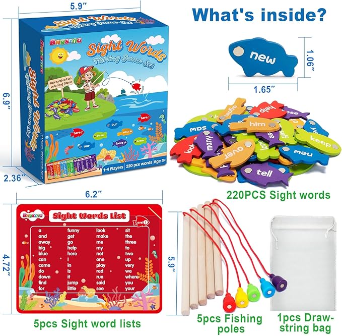 Wooden Magnetic Sight Word Fishing Game for Toddlers, Alphabet Fish Catching Games Puzzle with Letters, Homeschool Sight Word Educational Toy for Age of 3,4,5,6 Year Old Kids, Boys & Girls