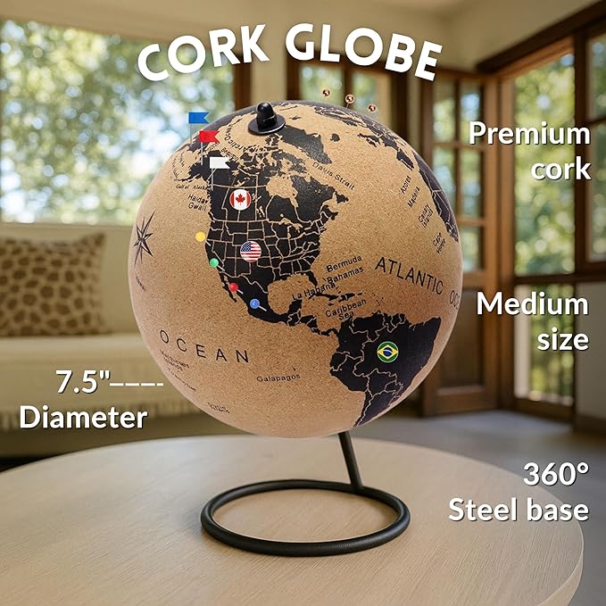 Medium Cork Globe 9.4" Tall | World Travel Map with Metallic, Colored & National Flags Push Pins | 3D World Map Pin Board for Home or Office | Unique Gift for Travelers, Couples & Families | Push Pin Map