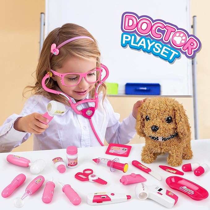 33Pcs Pet Doctor Kit for Toddlers - Dress Up Costume & Pretend Doctor Play Set with Dog Toy, Stethoscope, Pet Vet Roleplay Toys, Christmas Birthday Gifts for Ages 3 4 5 6 7 8 Year Old Boys Girls