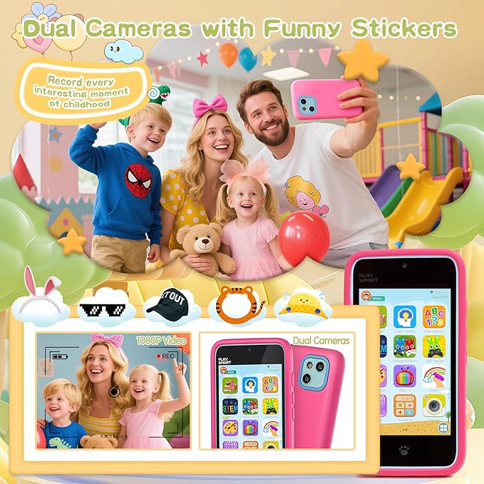 Kids Toy Phones with Dual Camera, Learning Toys Phones Gifts for Kid 3-12 with 200+ Educational Puzzle Games, 4" Touchscreen Rechargeable Pink Child Smartphones with Parental Control