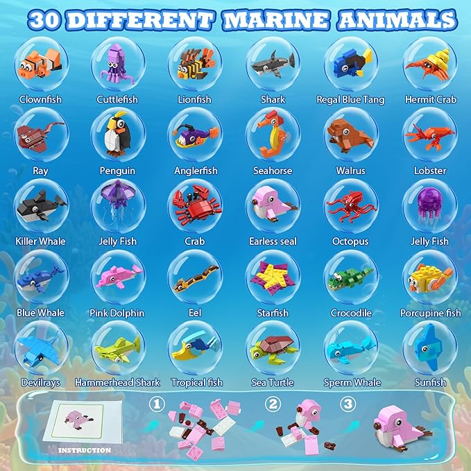 HOGOKIDS 30 Pack Animals Party Favors for Kids, 824PCS Mini Marine Animal Building Block Sets for Goodie Bags Filler Classroom Prizes, Easter Basket Stocking Stuffer Birthday for Boys Girls 6+