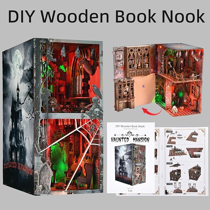 Haunted Horror Book Nook Kit, DIY Miniature Dollhouse Halloween Booknook Kit, Spooky Creepy Scary 3D Wooden Puzzle Bookend Bookshelf Insert Decor with LED Light (Haunted Mansion)