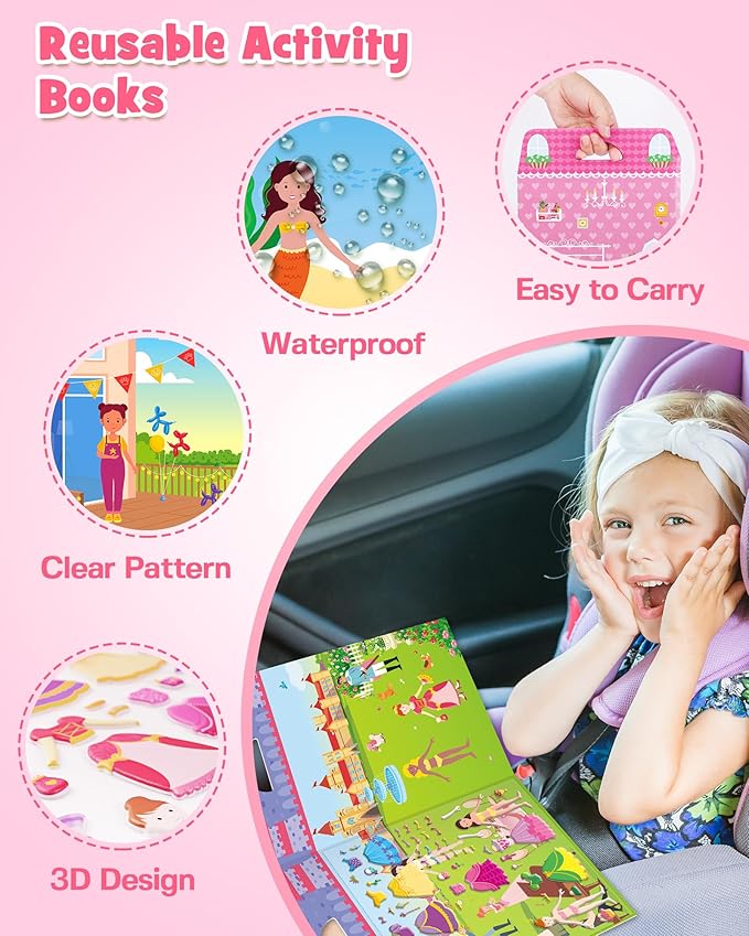 D-FantiX 3D Puffy Stickers for Toddlers 2-4 Years, Reusable Sticker Books for Girls Ages 4-8, Dress-Up, Princess, Mermaid, Pet, Car Road Trip Activities for Kids 3-5, Airplane Travel Essentials
