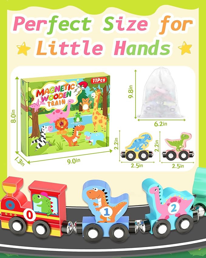 11 Pcs Magnetic Dinosaur Train Set Montessori Toys for 1 2 3 Years Old Toddlers Boys Girls, Wooden Dinosaur Preschool Learning Activities Educational Sensory Toys Birthday Gifts Ages 1-3, 2-4