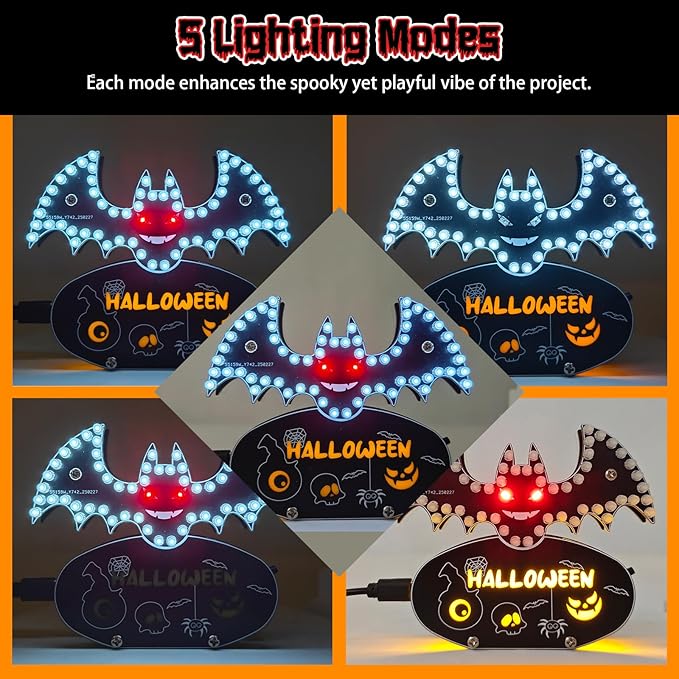 Halloween Bat Soldering Project, ICSTATION Bat Soldering Practice Kit With 5 Lighting Modes Glow Halloween Elements DIY Electronic Kits for School Education Halloween Present Desktop Decorations