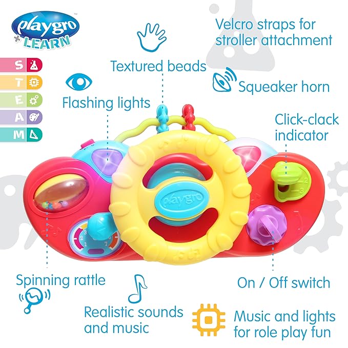 Playgro Drive & Go Steering Wheel Toy - Interactive Toddler Toy for Car Seat, 1 to 3 Years - Enhances Motor Skills, Role Play, & Active Learning - Baby Car Seat Toys with Lights, Sounds, & STEAM