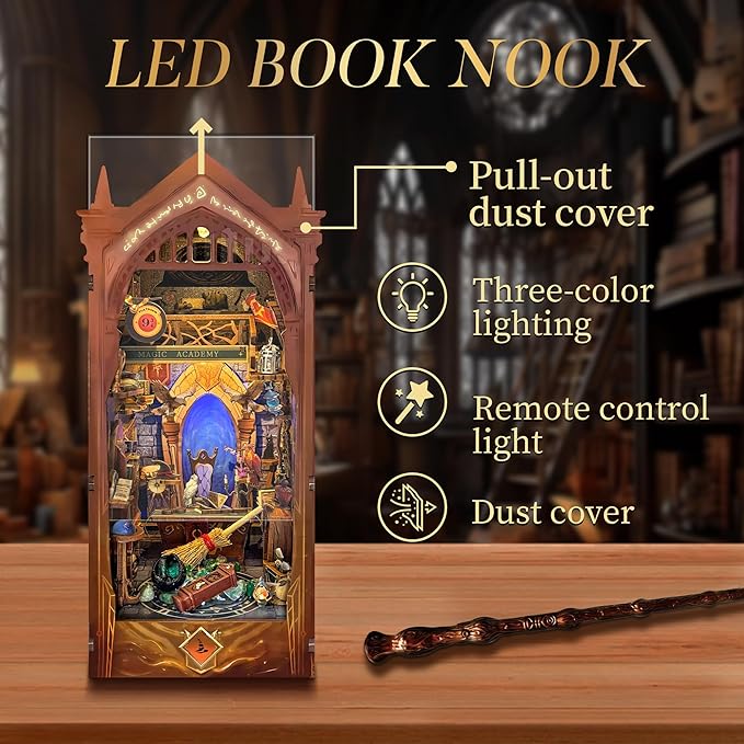 Book Nook Kit for Adults 3D Puzzle Miniature House Kit for Adults Craft Lovers Bookshelf Decor DIY Model Kit with LED Sensor Light-Magic Academy (SQ-38)