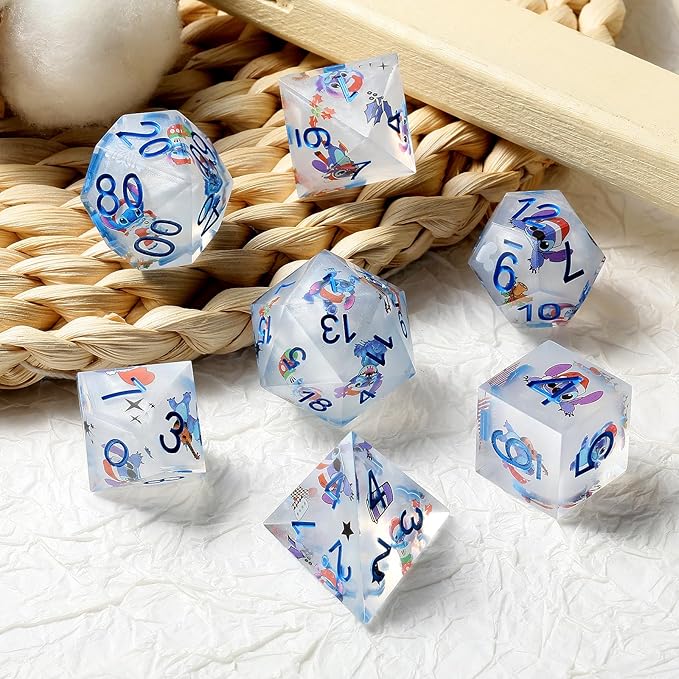 DNDND Carton Dice 7 Piece Sharp Edge Dice Set D&D with Carton Stickers for Dungeons and Dragons D&D Table Games (Silver with Carton)