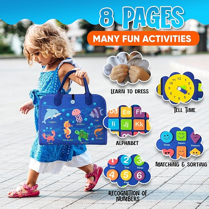 Busy Board Montessori Toy for Toddlers Ages 1-4 – Sensory Activity Board for Fine Motor Skill Development, Educational Travel Toy for Airplane & Car, Learning Toys for Boys & Girls