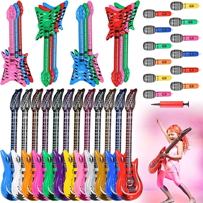 37 Pcs Inflatable Rock Star Instrument Set, 12 Blow up Guitar 36 Inch 12 Inflatable Microphone 12 Bass with a Pump for 80s Themed Party Carnival Birthday Party Decorations