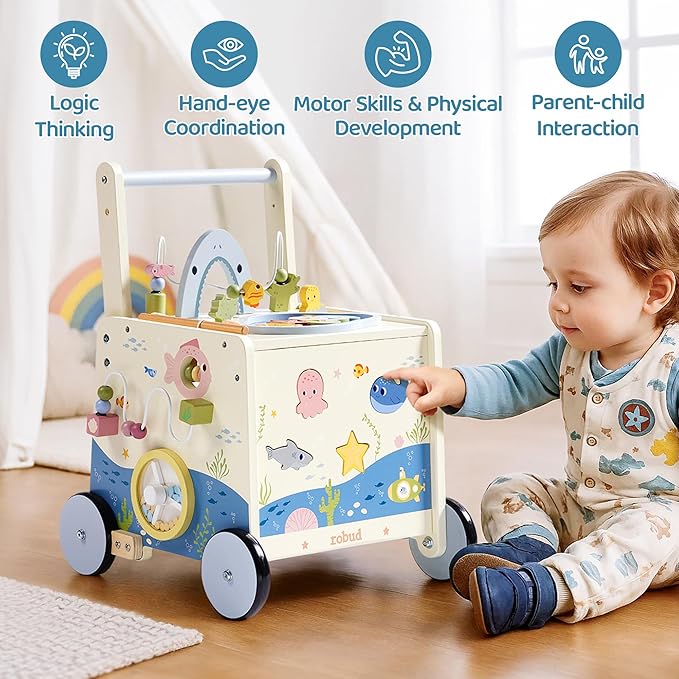ROBUD Wooden Baby Push Walker, Marine Theme Learning Walking Toys, Adjustable Height Baby Walker with Decelerator, Montessori Toys for Baby Age 10 Months+, WRP23