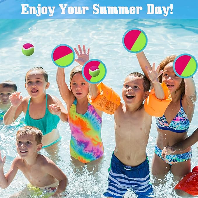 Beach Games, Outdoor Toys for Kids Ages 4-8, Toss and Catch Ball Set, with 4 Paddles 3 Balls, and 1 Storage Bag, Beach Toys Easter Gifts for Kids -2 Pink + 2 Blue