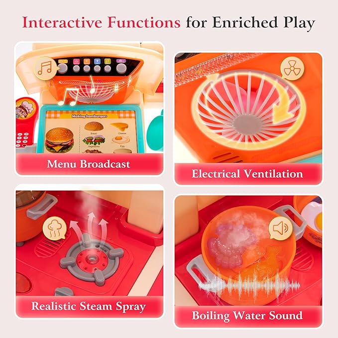 【2025 Upgraded】 Kitchen for Kids Interactive Play Kitchen for Kids Toddlers-Lightweight Easy-Install Pretend Kitchen with Tablet Ordering, Music, Lights Sounds, Steam Stove, Sink & Dishwasher(Pink)