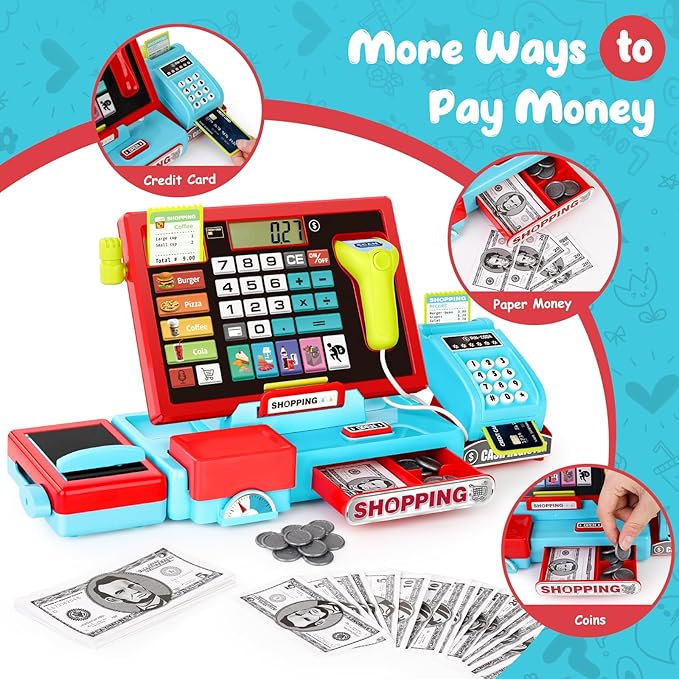 52PCS Toy Cash Register for Kids with Sound Music/Scanner/Microphone/Credit Card/Play Money, Pretend Learning Toy Kids Cash Register, Christmas Birthday Gift for Toddlers Girl Boy Age 3 4 5 6