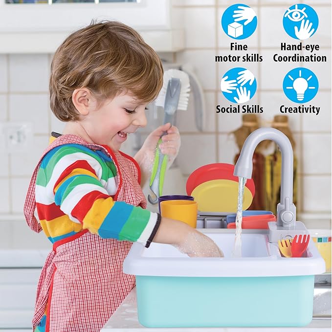 Small World Toys Play Sink with Running Water, Kids Play Kitchen Sink Toys for Kids Age 3+, Automatic Faucets with Realistic Dishes, Toddler Sink Pretend Play Set Gifts for Girls and Boys