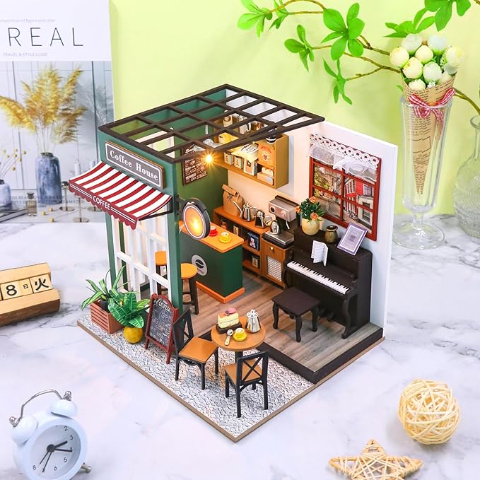 CUTEROOM DIY Miniature House Kit-Coffee Time, Tiny Dollhouse Wooden Furniture Kit, Mini DIY Craft Kits Creative Room for Decoration Family Friends