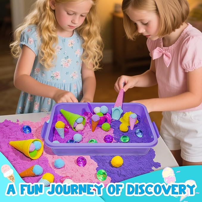 Bbiamsleep Ice Cream Sensory Bin, 61 Pcs Ice Cream Sensory Bin Fillers with Color Sand 11 Mould 9 Tools for Birthday Party