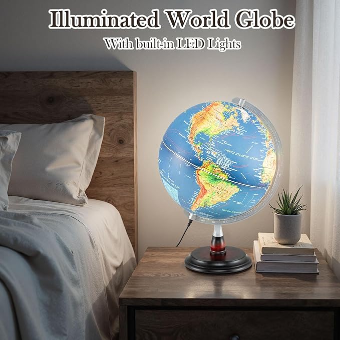 COSTWAY 12” Illuminated World Globe, Geography Educational Globe with Built-in LED Night Light, Wooden Stand, Clear Map for Kids & Adults Learning, Desktop Globes for Students, Decoration (Navy)