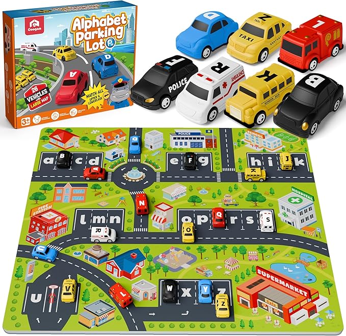 Coogam Alphabet Maze, 26pcs Pull Back Car with Play Mat Preschool Letter Matching Game for 3 4 5 Years Old, Montessori Educational Fine Motor Gift Toy for Toddler Kids