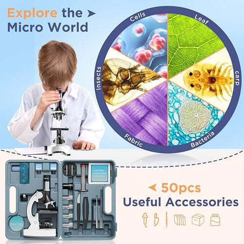 100X-1200X Kids Microscope Kit for Children: Compound Microscope for Kid STEM Biology Discovery - Science Experiments Microscopio Set with Metal Frame, Carrying Box Educational Gift for Child 8-12