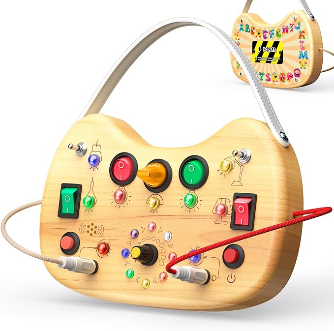 Montessori Wooden Busy Board for Toddlers with LED Light Lights & Switches,Portable Activity Board for Car & Airplane Travel Toys, Christmas & Birthday Gift for 1-3 Year Old Boys & Girls
