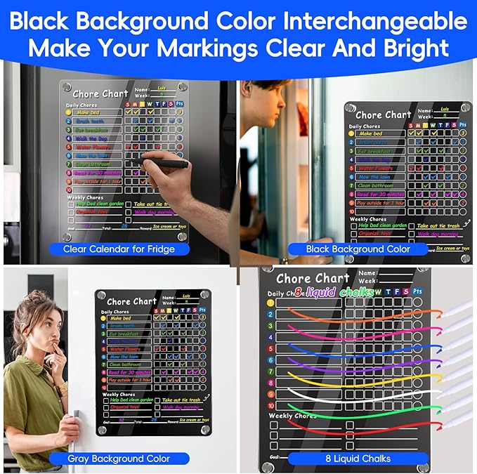 2Pcs Acrylic Magnetic Chore Chart for Kids & Adults, 12"x9.5" Clear Dry Erase Reward Board - Behavior and Responsibility Refrigerator Chart for at Home Multiple Kids, Teens(w/ 8 Markers & Towel)