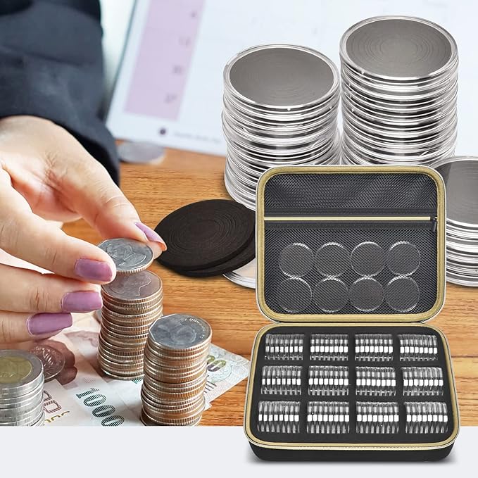 PAIYULE 96 Pieces 46mm Coin Capsules, with Foam Gasket and Plastic Storage Organizer Box, 6 Sizes (20/25/27/30/38/46mm) Coins Collector Case Holder for Coin Collection Supplies (Gold)