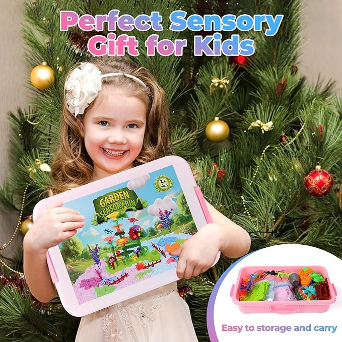 FIIOEOY Flower Garden Sensory Bin, Sensory Play Sand Kit with DIY Flower Garden Building Toys, Bug Figures & Sand Molds, Pretend Play Sandbox Birthday Gift for Girls Boys 3 4 5 Years Old