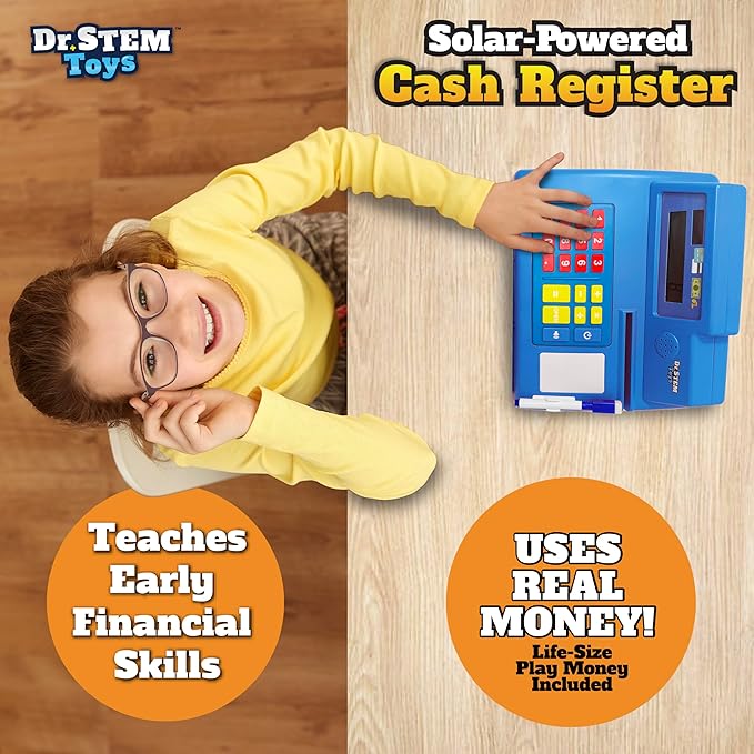 Dr. STEM Toys Solar Powered Calculator Pretend Cash Register with Play Money – 67-Piece Set for Learning Math Skills, STEM Cash Register for Kids (Blue)