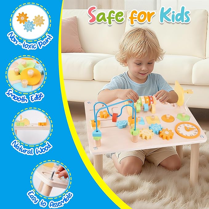 ATOYUS Activity Table for 1 2 Year Old, 8 in 1 Wooden Montessori Activity Center Toys for Toddlers 1-3, Kids Sensory Game Play Table, 1st Christmas Birthday Boys Girls Gifts for 12 Months+ Baby