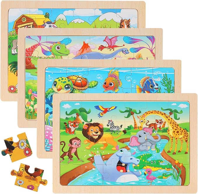 Wooden Puzzles for Kids Ages 4-6, 24 Piece Animal Dinosaur Marine Farm Jigsaw Puzzles 4 Packs, Preschool Toddlers Learning Activity Puzzles Toys for Boys Girls 3 4 5 6 Years Old