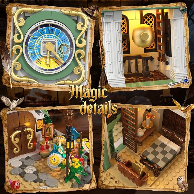 Magic Clock Tower Building Set with Light, 1566 PCS Big Medieval Castle House Construction Model with Owl & Garden, Home Decor Building Block Kit, for Adults Teens Boys Girls 12+