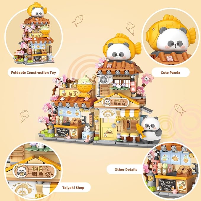 Japanese Street View Taiyaki Shop Mini Building Blocks, MOC Creative Building Toys Cute Panda Building Set for Kids 6-12, Simulation Architecture Construction Toy, Gift Idea for Kids Adults (858 PCS)