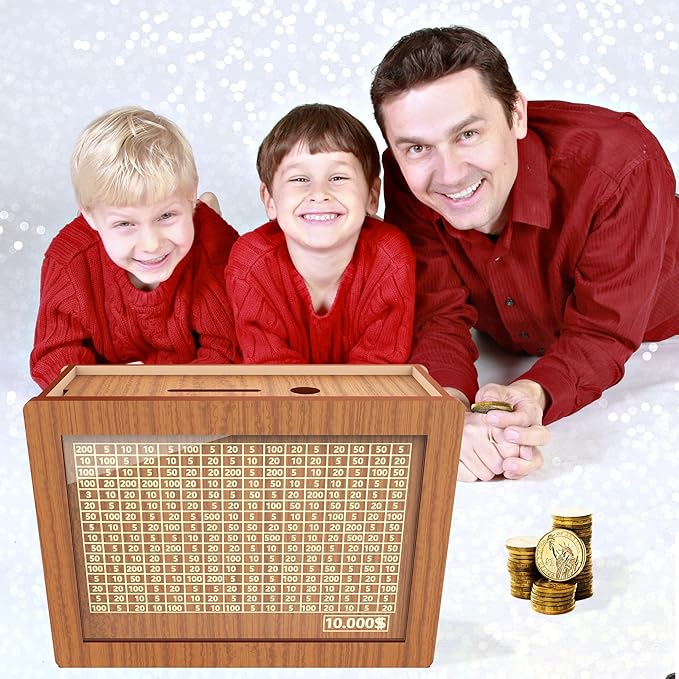Piggy Bank for Adults Kids, Wooden Coin Bank for Boys and Girls, Cash Vault Money Saving Box with Counter $10000 Savings Challenge Money Box with Money Target and Numbers (2 Pack Brown $10000)