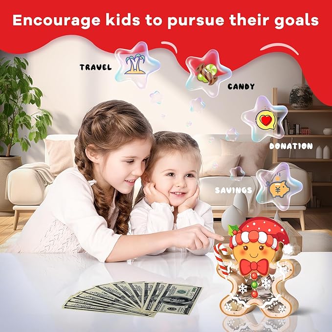 Wooden Christmas Piggy Bank for Kids, Gingerbread Man Money Bank for Boys Girls Toddler, Unbreakable Kids Money Box with Letter Sticker, Large Saving Coin Jar for Xmas Home Christmas Décor