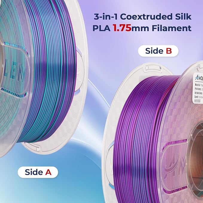 AMOLEN Silk PLA 3D Printer Filament, Tri Color Purple/Blue Green/Burnt Orange PLA 1.75mm, Shiny Multi Color Change Filament 3D Printing PLA Filament for Most FDM 3D Printer, 1kg Spool(2.2lbs)