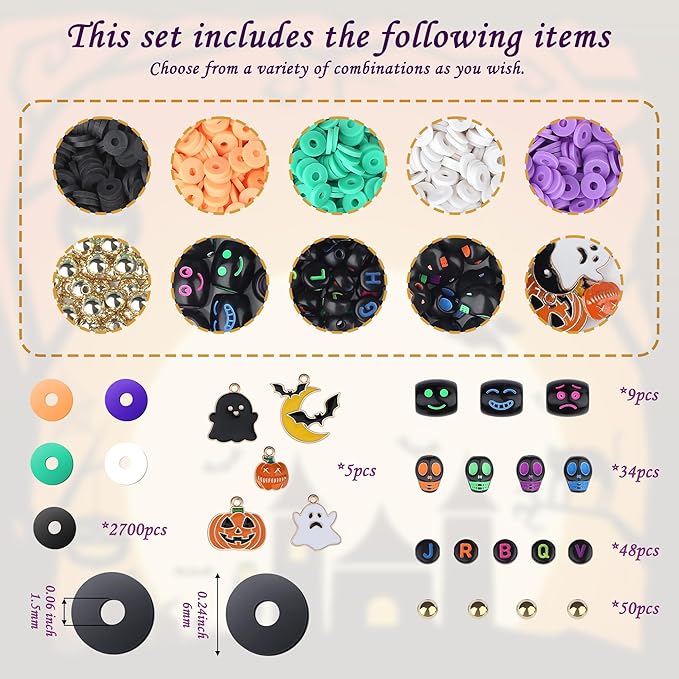 XIANNVXI 2846pcs Halloween Clay Beads Jewelry Making Kit Orange Purple Black White Green Friendship Bracelet Supplies with Halloween Pattern Clay Beads DIY Crafts Kit