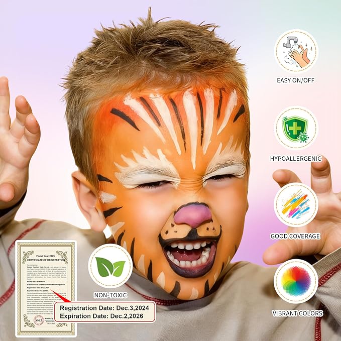 54 Color Face Painting Kit for Kids, Non-Toxic Face Paint Makeup Kit| with Stencil, Guide Book, Easy to Use and Washable Facepaint Makeup Kit for Halloween, Cosplay, School Event