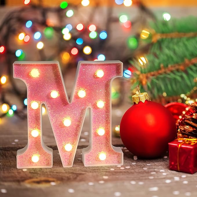 Foaky Pink Light up Letters，Pink Party Decorations,Girls Room Decor,Glitter Light Up Letters,Alphabet Letter Sign for Night Light Birthday Party Girls Gifts, Home Bar Decoration（M）