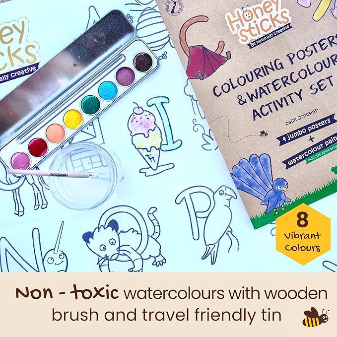 Honeysticks Kids Activity Set - 4 Giant Painting Posters Plus Non-Toxic Watercolor Paint Set with 8 Vibrant Colors and Paintbrush, Educational Painting Kits for Kids, Gifts for Ages 3-5