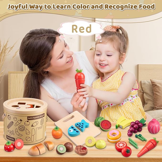 Wooden Play Food Sets for Kitchen Kids Velcro Fruits and Vegetables Cutting Toys for Toddlers Pretend Food Kitchen Accessories Playset Birthday for 3 4 5 6 Years Old Boys Girls