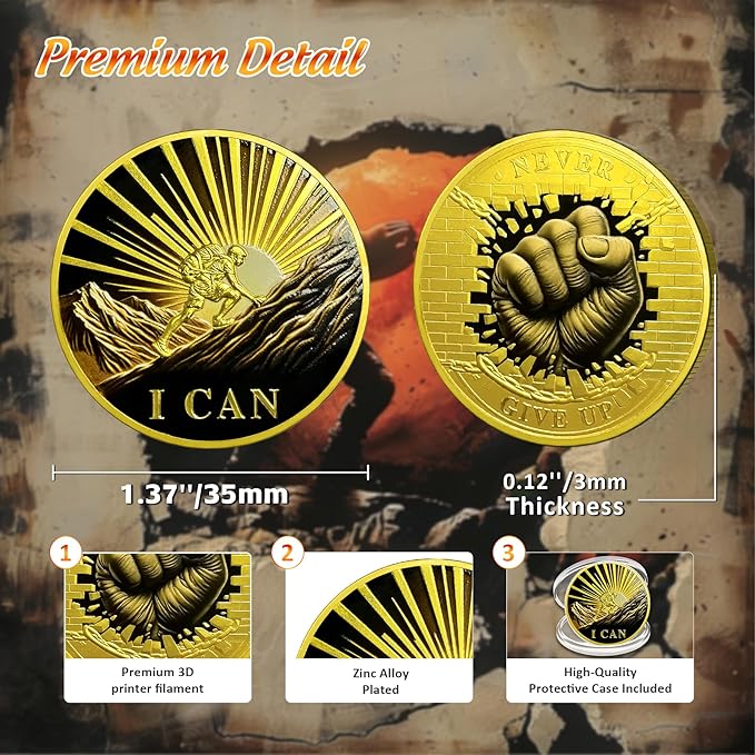 Never Give Up Challenge Coin - Cheer up I Can Motivational Token - Inspirational Gold Reminder Pocket Medallions - Encouragement Gifts for Women Men Family Friends Students Team