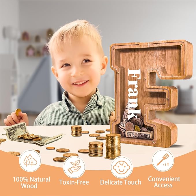 Wooden Letter Piggy Bank for Kids Larger Letter Piggy Bank for Boys and Girls Personalized Piggy Bank Initial Coin Bank Wood Kids Money Bank for Birthday and Festival