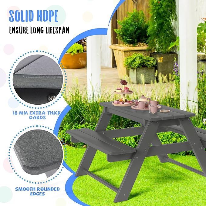 Costaelm Kids Picnic Table, HDPE All Weather Outdoor Toddler Picnic Table and Chair Set Kids Bench for Patio, Backyard, Garden, Lawn, Gray