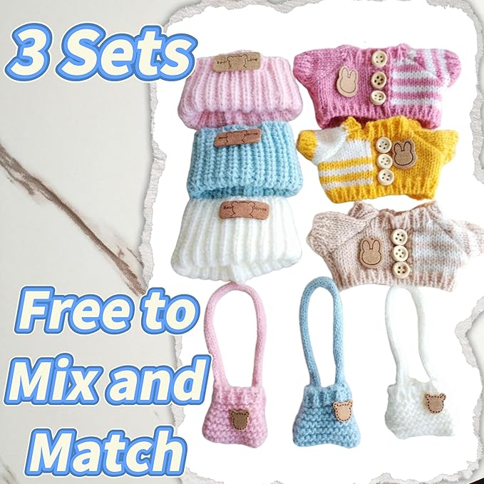 15cm & 17cm Doll Clothes Outfits Set - Premium Dress Up Bundle with Exquisite Accessories | Soft Fabric Fashion Doll Costume for 15-17cm Dolls (3set Yellow+Pink+Khaki)