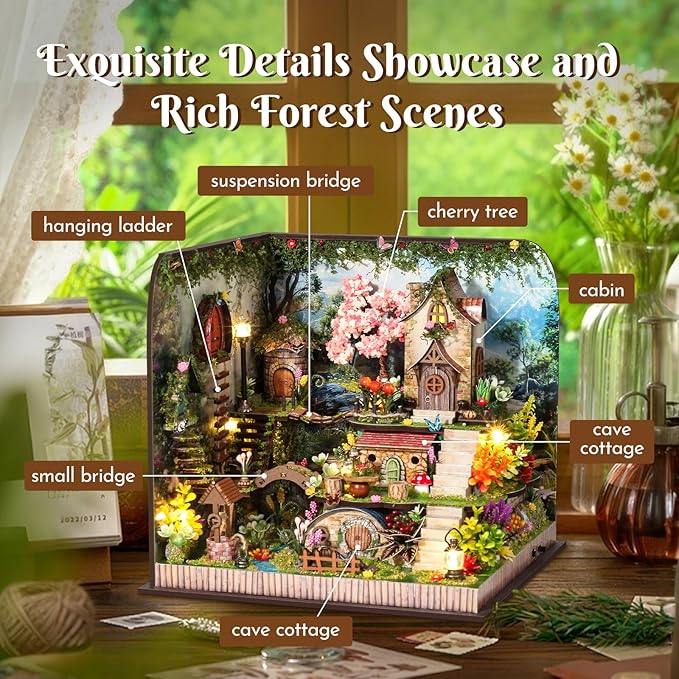 DIY Miniature Dollhouse Kit, Forest Miniature House Kits for Adults, Mini Model Building Sets with Furniture and Flowers, Wooden House Kit Decoration Gift for Birthday