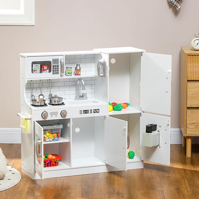 Qaba Kids Kitchen Playset - Pretend Play Toy Kitchen with Phone, Chalkboard, Towel Rack, Ice Maker, 5 Accessories, Storage Space, Microwave & Sink - Gift for 3-8 Years, White
