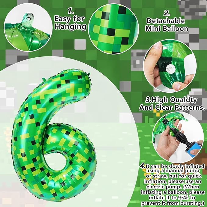 40in TNT Pixel Number 6 Balloon Birthday Decorations, Miner Theme Green Foil Balloons Blast Gaming Party Supplies