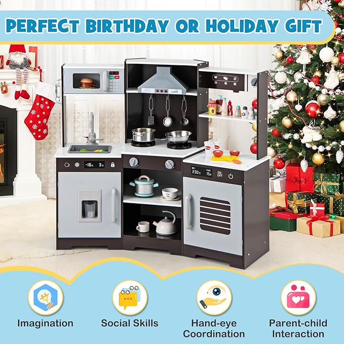 Costzon Corner Kids Kitchen Playset, Wooden Toy Kitchen Set with Range Hood, Ice Maker, Pretend Telephone, Sink, Faucet, Microwave, Oven, Play Kitchen with Lights and Sounds for Toddlers (Brown)